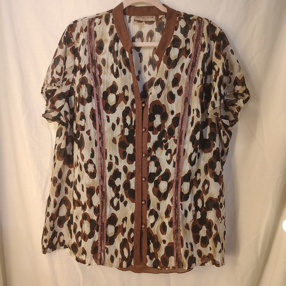 Notations Leopard Print Blouse with Brown Trim - Picture 1 of 5
